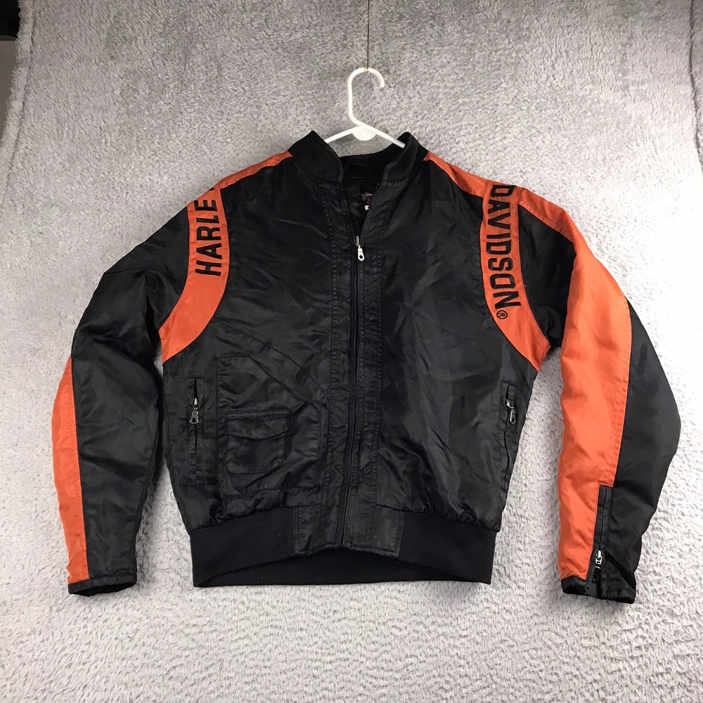 Harley Davidson Bomber Jacket Men XS Black Orange Embroidered Logo Nylon Vtg Y2K